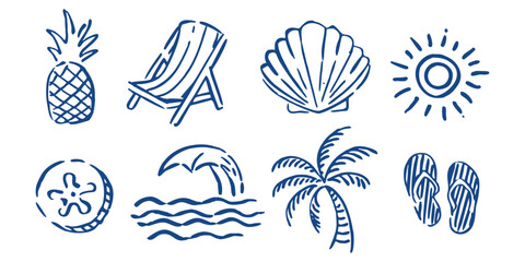 Obraz premium Summer beach icon set, hand drawn sketch vector illustration