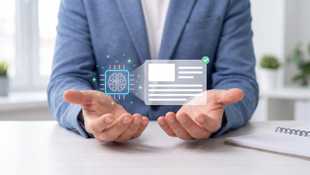 Artificial intelligence content generation and automated article writing. Businessman with AI brain chip hologram and approved document layout beside notebook for digital marketing copy and blogging