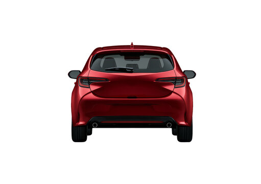 Rear View of Modern Red Hatchback Car Isolated