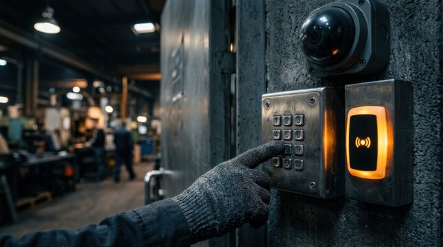 Gloved hand entering code on stainless steel keypad beside glowing badge reader and CCTV camera at secure factory entrance