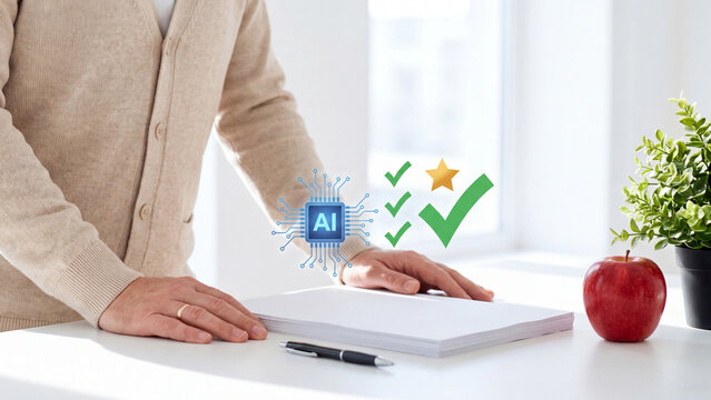 Artificial intelligence exam grading and automated assignment marking. Teacher with paper stack, pen, apple and AI chip hologram showing star rating for school assessment, education and test scoring