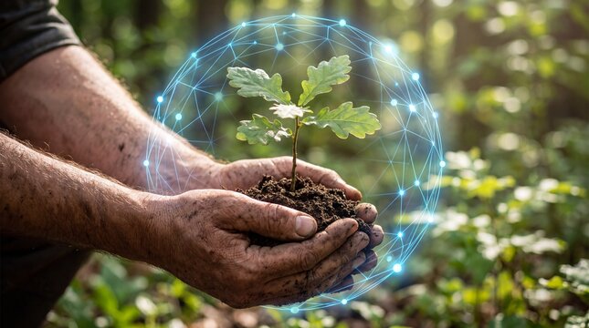 Hands holding a small oak sapling with soil, protected by a digital glowing network sphere representing environmental technology and sustainability