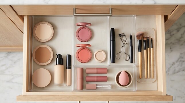 Top view of makeup products and brushes organized in an open wooden vanity drawer. basic cosmetics guide