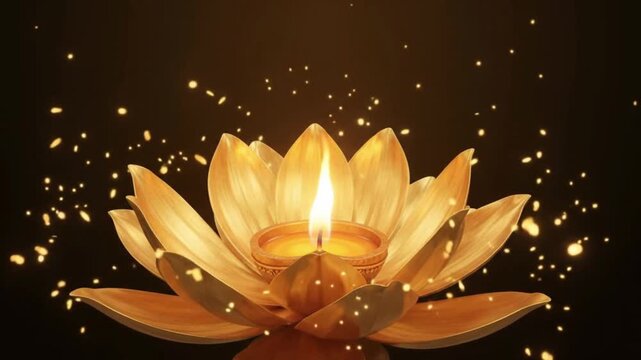 Glowing Golden Lotus Flower Diya Oil Lamp with Burning Flame and Floating Sparkles on Dark Background for Diwali Celebration