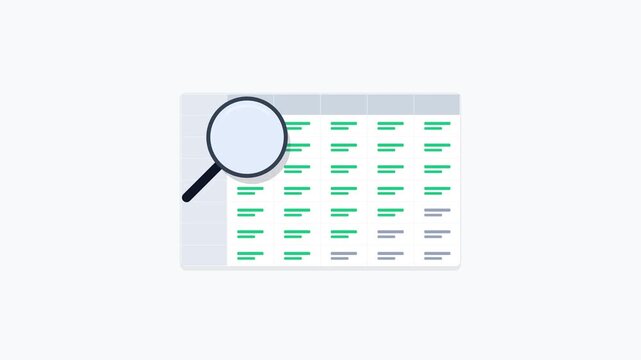 Flat design animation of a magnifying glass scanning through rows and columns of a digital data spreadsheet representing financial audit, business database search, and information analysis.