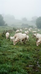 Fototapeta premium Flock of Sheep Grazing in Foggy Pasture Scene.
