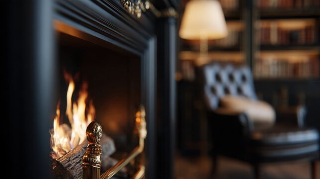 close up of a refined fireplace with brass details and realistic flames, softly blurred background of a luxurious home library filled with dark