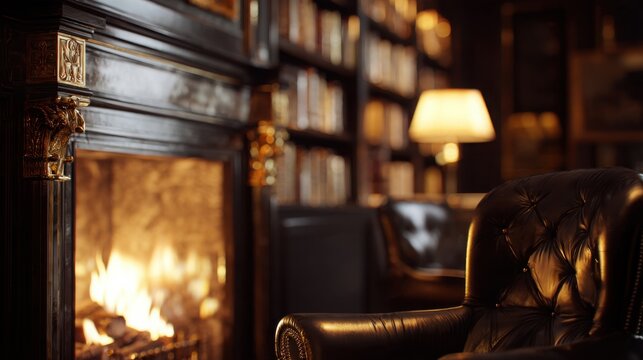 close up of a refined fireplace with brass details and realistic flames, softly blurred background of a luxurious home library filled with dark