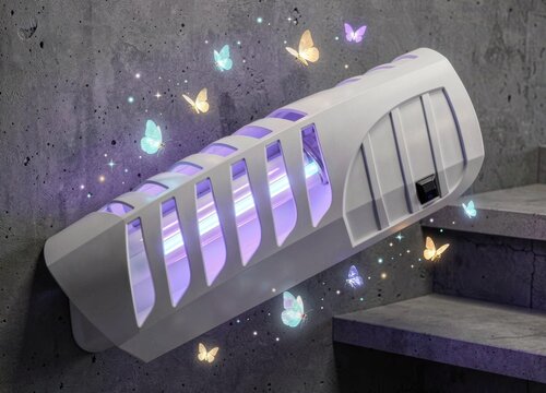 Modern ultraviolet insect trap mounted on a concrete wall
