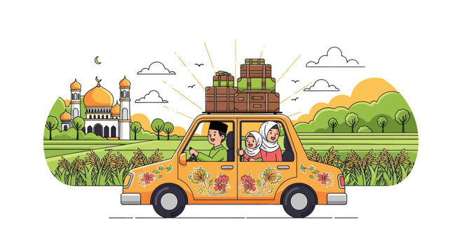 Muslim family driving car with luggage for Eid holiday.