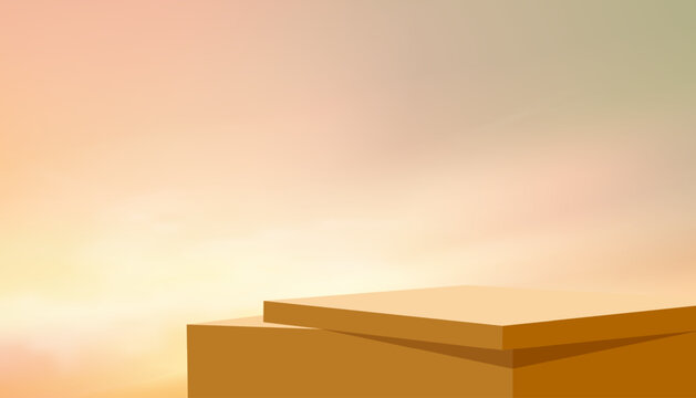 Autumn podium studio with Sunset sky yellow orange background, Fall background modern geometric stage on soft gradient light,Minimalist product display and space for fall banner discount offer design