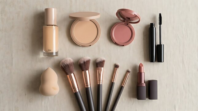 Set of professional makeup products and brushes for face beauty on a grey textured background. basic cosmetics guide