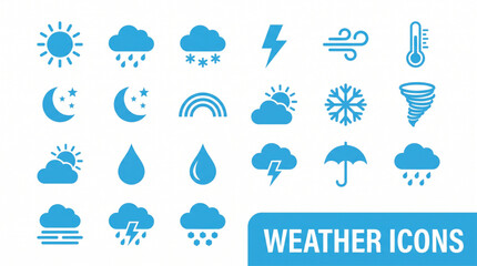 Obraz premium Flat vector collection of blue meteorological symbols for sun rain clouds snow and storm forecasting for website and application interface design
