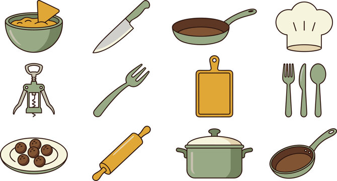 Kitchen and Cooking Utensil Icon Set Featuring Pots Pans Cutlery Rolling Pin and Chef Hat