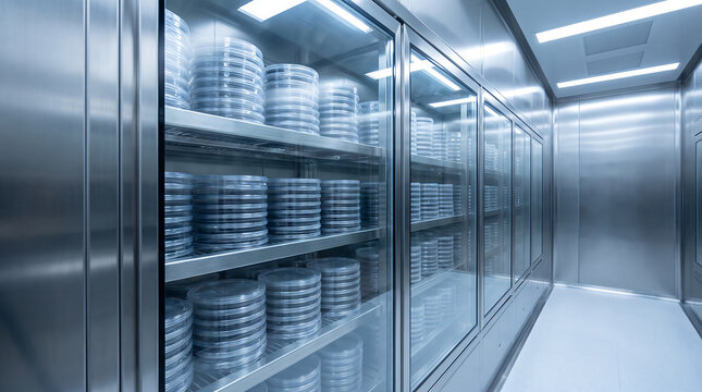 Cleanroom semiconductor wafer storage cabinet with stacked transparent pods and precision microchip production materials inside a high tech manufacturing clean room facility