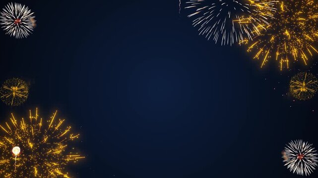 Golden fireworks burst corners dark blue sky, leaving ample copy space. New Year greetings, holiday events, festival promos, party invitations, event titles, anniversary , festive backgrounds.