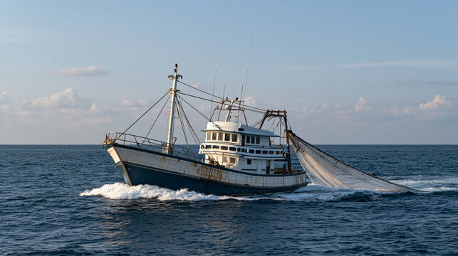 Industrial trawler dragging massive nets across an already depleted ocean floor, bycatch streaming over the deck railing, overfishing devastation, seafloor habitat destruction,
