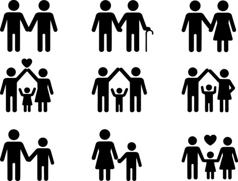 family icons set with people, home, and heart symbols