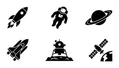 Space Icons Set: Rocket, Astronaut, Planet, Shuttle, Lander, Satellite, Cosmic Exploration Graphics © Arko