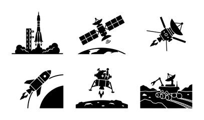 Space Exploration Icons: Rocket Launch, Satellite, Lunar Lander, Rover, Cosmic Journey © Arko