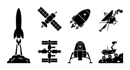 Space Exploration Icons: Rocket Launch, Satellite, Spaceship, Rover, Lunar Lander, Space Station © Arko