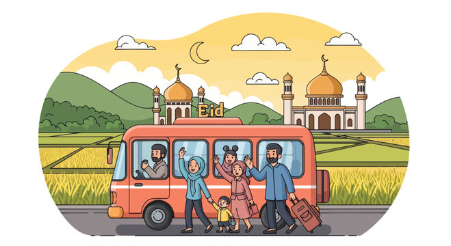 Muslim family boarding orange bus for Eid holiday trip home.