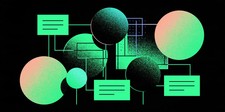 Abstract network of geometric shapes and lines, representing data flow or connections in a digital system