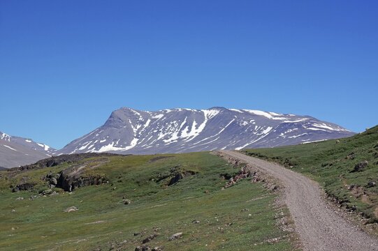 Meadow and barren mountain landscape with snow, narrow path, no people, Igaliku, North America, Greenland, Denmark