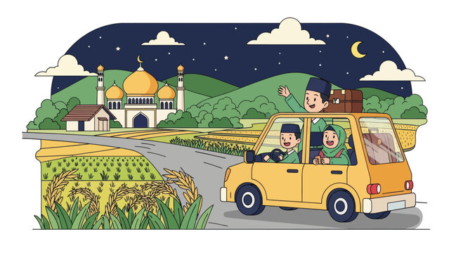 Muslim family driving at night for Eid celebrations.
