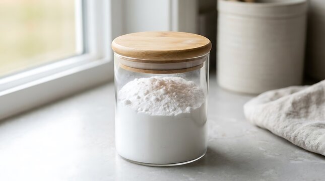 Glass jar with white flour and a wooden lid sitting on a kitchen counter near a window. baking soda container