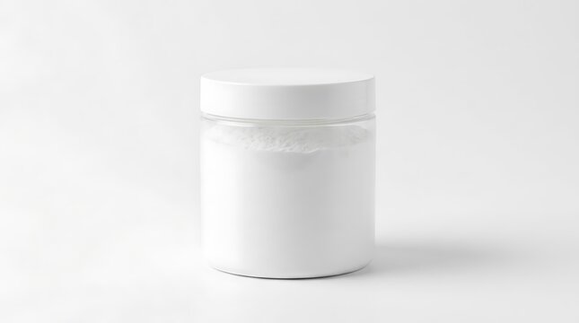 Small plastic jar with white powder lid closed for cosmetic or food product packaging mockup. baking soda container