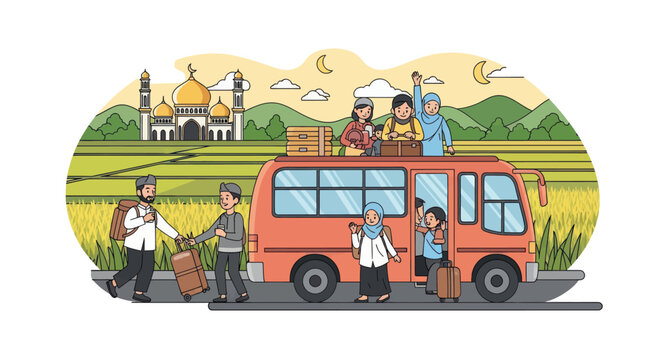 Passengers boarding a travel bus in rural village setting.