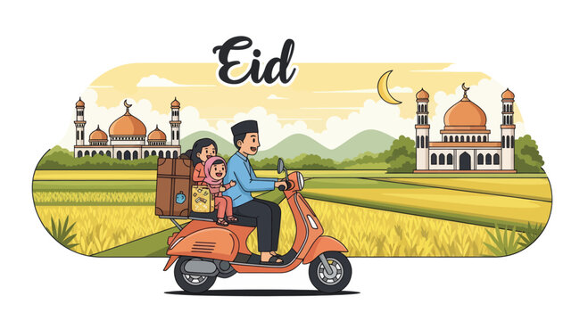 Family on orange scooter traveling during Eid festival.