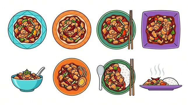 Assortment of kung pao bowls and plates containing stir fried meat and vegetables served on white background with vegetables