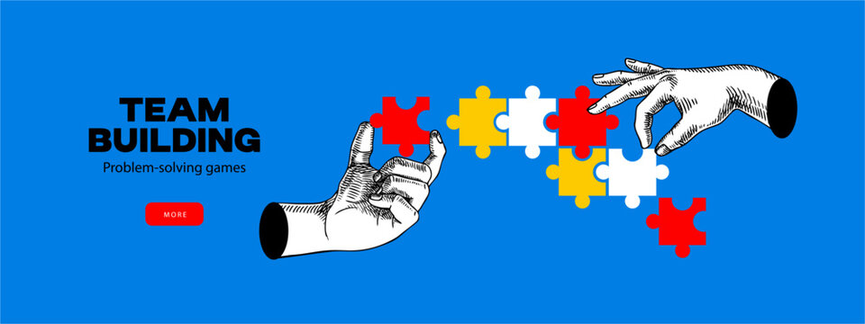 Trendy collage with sketch hands and puzzle. Teamwork, corporate strategy, HR, consulting, business management, brainstorming design. Retro hand drawn isolated vector illustration.