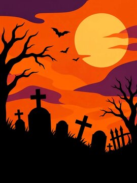 Halloween background with cemetery silhouette, spooky orange sunset with full moon, bats and dead trees, haunted night illustration