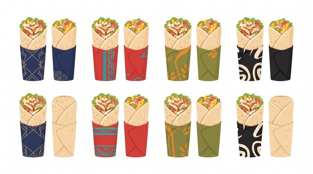 Assorted collection of wraps and burritos served in various decorative paper designs with burritos tortilla nutrition