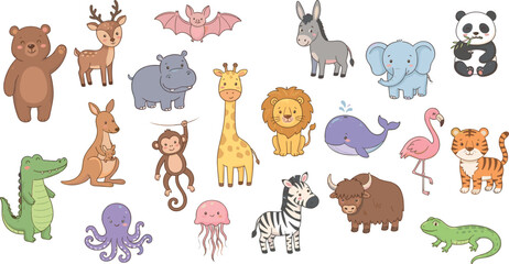 Obraz premium Cute Cartoon Wild Animal Character Collection Featuring Lion Elephant Bear Giraffe and Marine Life for Kids Educational Media and Nursery Wall Art Designs