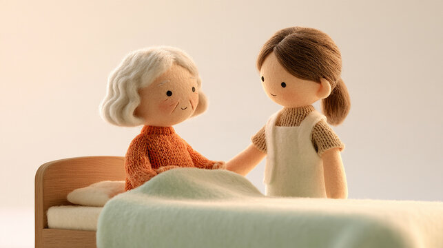 ベッドで微笑むシニア女性をやさしく介助する女性介護者（余白アリ）／Female caregiver doll attending to a smiling senior woman in bed with copy space background