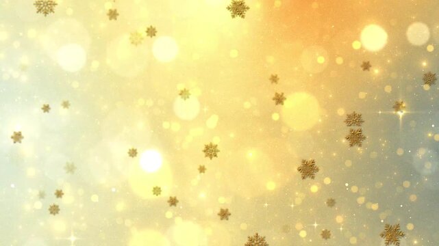 Golden snowflakes drift warm luminous bokeh, winter holiday atmosphere sparkle festive depths. Christmas greetings, seasonal promotions, New Year celebrations, luxury invitations, titles event openers