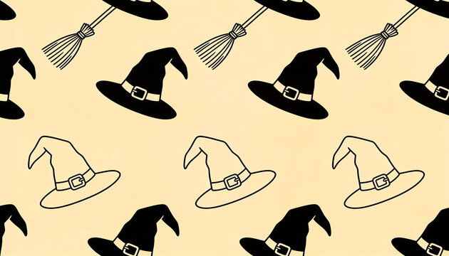 halloween witch hat and broomstick seamless pattern background, minimalist line art vector illustration for autumn festive wrapping paper fabric print design