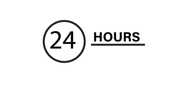 Twenty four hours circular icon with bold black lettering for constant daily service usage