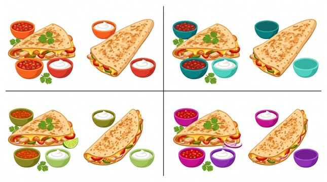 Set of eight tasty quesadilla slices served with colorful dipping sauces and garnish quesadilla tortilla appetizer