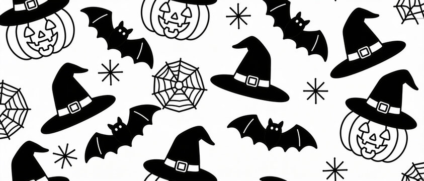halloween witch hat seamless pattern with magic brooms minimalist line art and silhouettes on neutral cream background for festive seasonal wallpaper fabric design and spooky party decor packaging