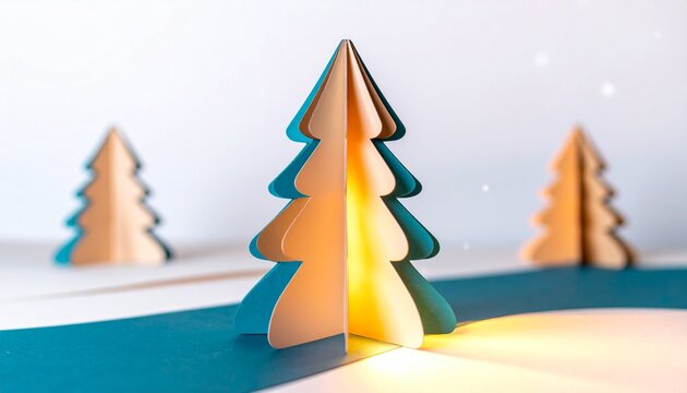 Layered paper Christmas trees with warm festive glow.