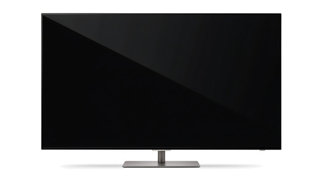 Black flat screen television with metallic stand on white background