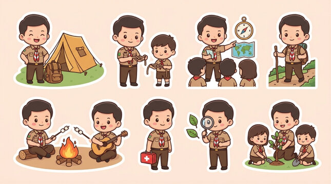 Cute Boy Scout Sticker Set Featuring Outdoor Activities Like Camping and Hiking, Kawaii Chibi Style Illustration with Soft Lighting and Cheerful Mood for Kids Education, AI Generated