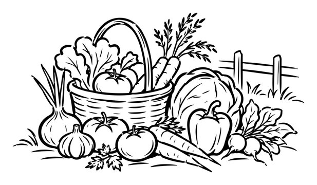 Vegetable harvest in wicker basket with cabbage tomatoes and carrots line art vector illustration