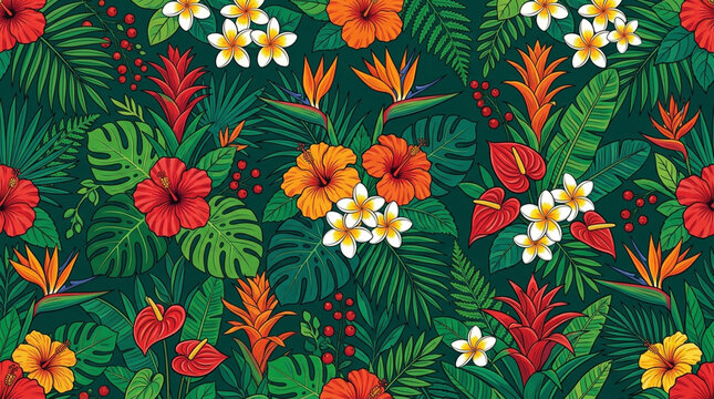 Tropical seamless pattern with hibiscus and exotic jungle leaves