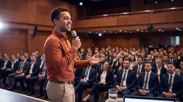 Man speaking into microphone during conference presentation in front of attentive audience in formal business attire seated in a large auditorium